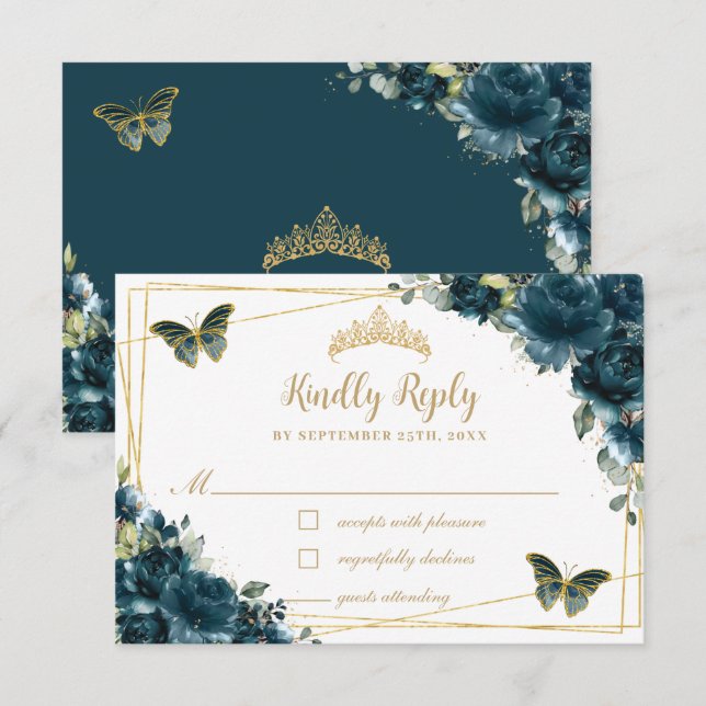 Chic Mörk Teal Blommigt Guld Butterflies Quinceañe OSA Kort (Fram/baksida)