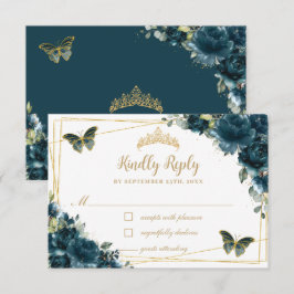 Chic Mörk Teal Blommigt Guld Butterflies Quinceañe OSA Kort
