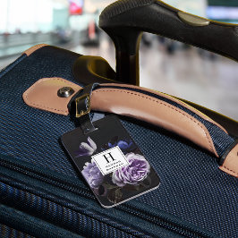 Chic Mörk Violet Blommigt Bouquet Monogram Bagagebricka