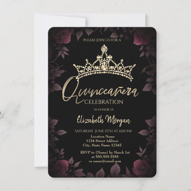 Chic mörka rosor blad Quinceañera  Inbjudningar (Framsida)