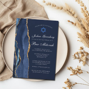 Chic mörkblå guldagate Bar Mitzvah-fest Inbjudningar
