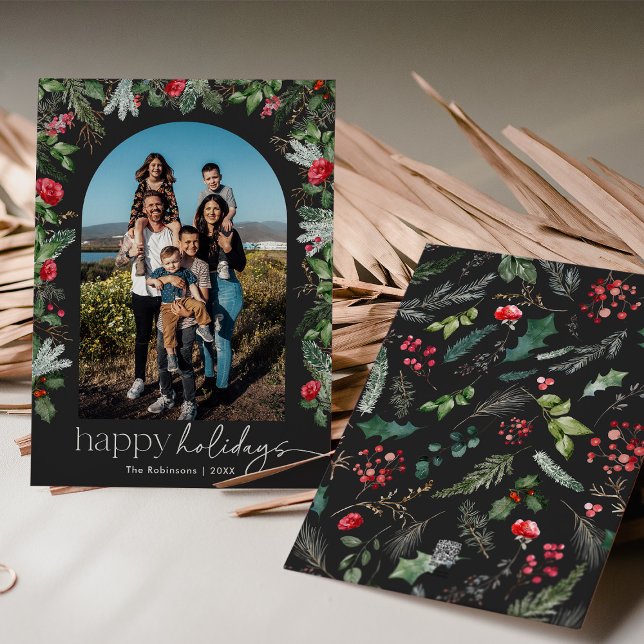 Chic Mörkgrå Botanisk Blommig Båge 1 Foto Julkort (Skapare uppladdad)