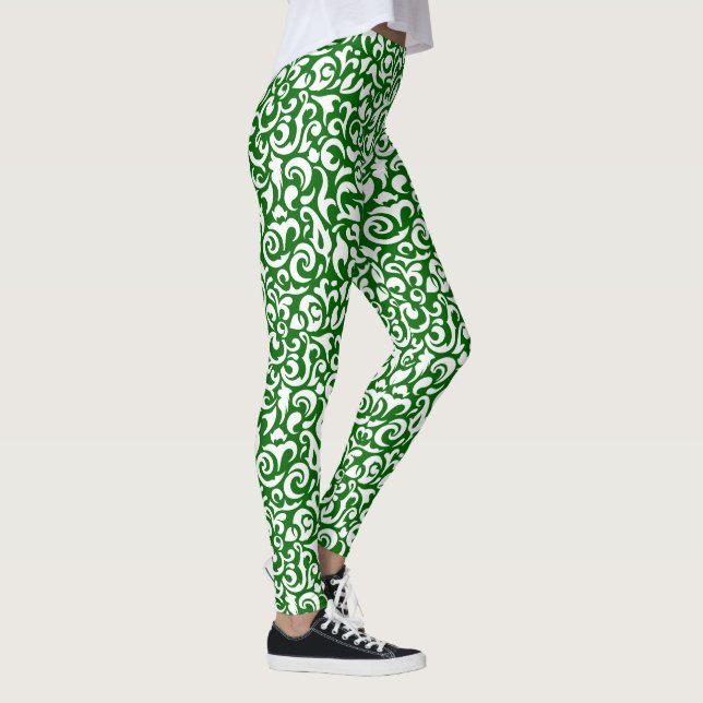 Chic Mörkgrön Vit Damask Blommig Konst Mönster Leggings (Höger)