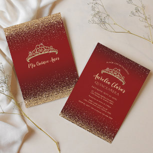 Chic Moukling Red Guld Glitter Tiara Quinceanera Inbjudningar
