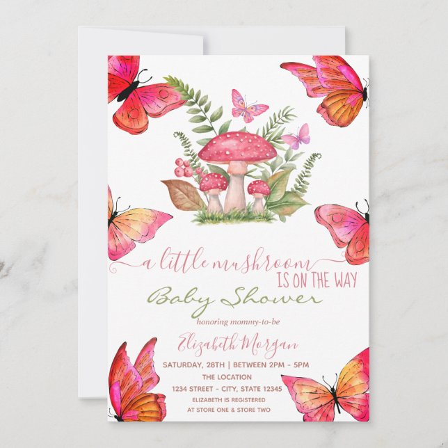 Chic Mushroom Butterfly Doted Baby Shower Inbjudningar (Framsida)