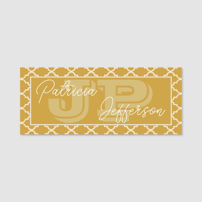 Chic Mustard Gult Moroccan Quatrefoil: Monogram Namnbricka (Framsida)