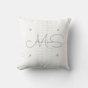 chic namn & initialer med ankare, monogramvita kudde