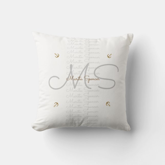 chic namn & initialer med ankare, monogramvita kudde (Framsida)