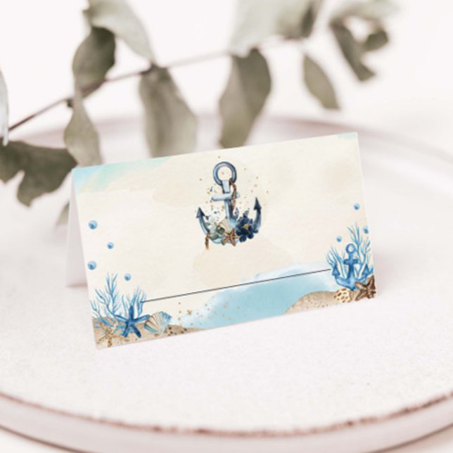 Chic Nautical Anchor Beach Modern Bröllop Placeringskort (nautical beach wedding guest name tabletop folded tent place cards blue anchor floral oceanfront  )