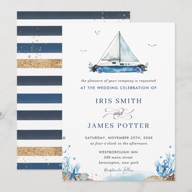 Chic Nautical Blue Boat Beach Modern Bröllop Inbjudningar (Fram/baksida)