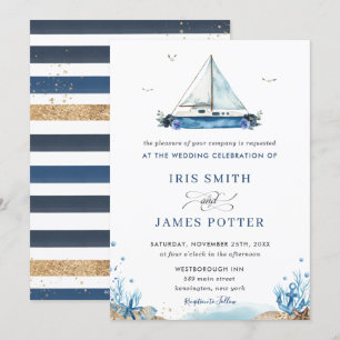 Chic Nautical Blue Boat Beach Modern Bröllop Inbjudningar