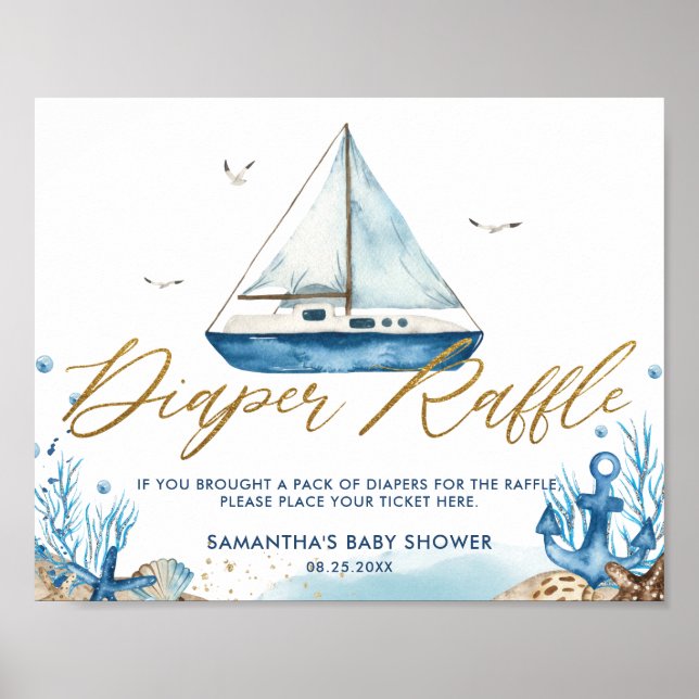 Chic Nautical Boat Guld Baby Shower Raffle Poster (Framsidan)