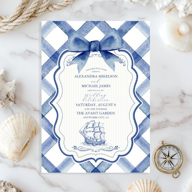 Chic Nautical Navy Blue Bow Bröllop Inbjudningar (Skapare uppladdad)