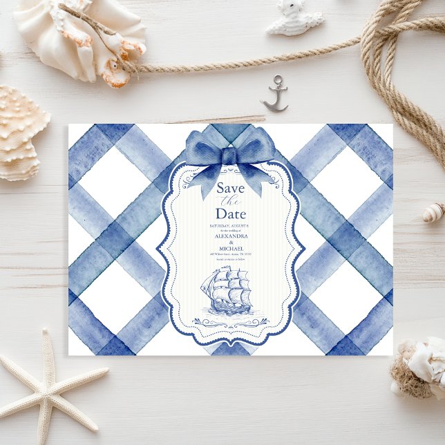 Chic Nautical Navy Blue Bow Bröllop Spara Datumet (Skapare uppladdad)