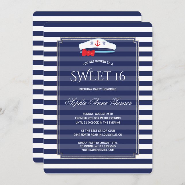 Chic Nautical Navy Rand Silver Sweet 16 Party Inbjudningar (Fram/baksida)