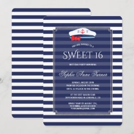 Chic Nautical Navy Rand Silver Sweet 16 Party Inbjudningar