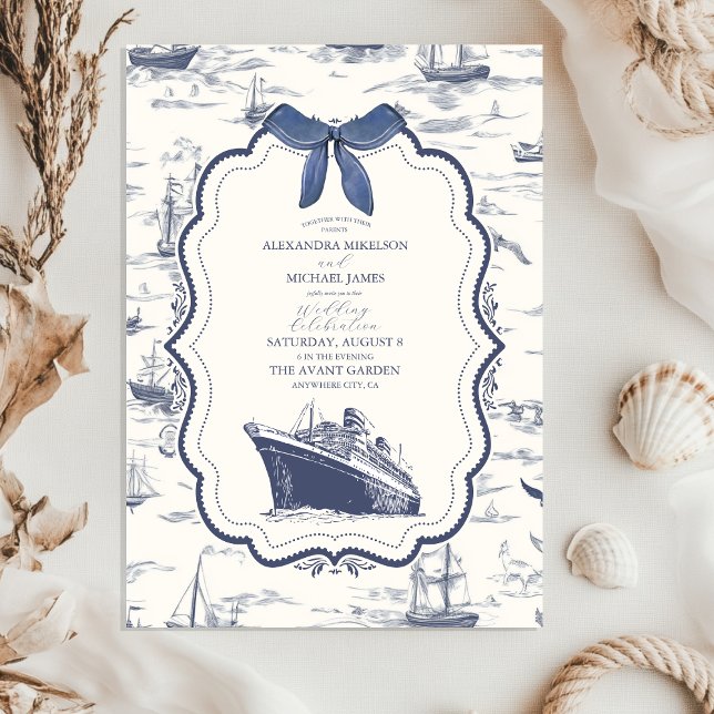 Chic Nautical Toile de Jouy Bow Bröllop Inbjudningar (Skapare uppladdad)