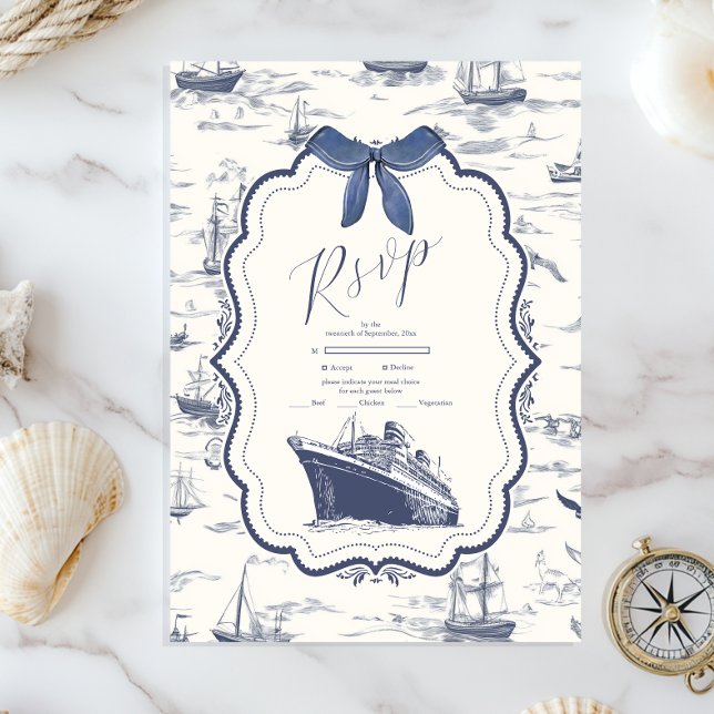 Chic Nautical Toile de Jouy Bow Bröllop OSA Kort (Skapare uppladdad)