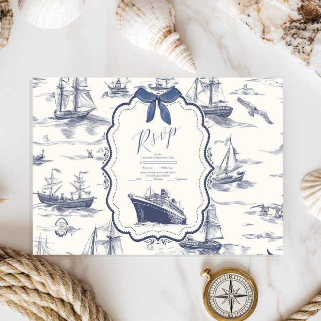 Chic Nautical Toile de Jouy Bow Bröllop OSA Kort (Skapare uppladdad)