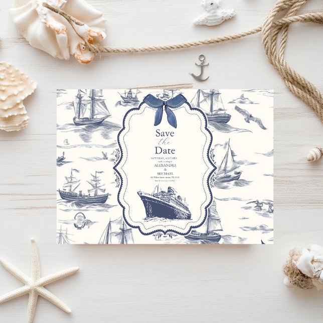 Chic Nautical Toile de Jouy Bow Bröllop Spara Datumet (Skapare uppladdad)