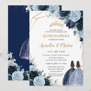 Chic Navy Baby blue Blommigt Girls Twillingars Qui Inbjudningar