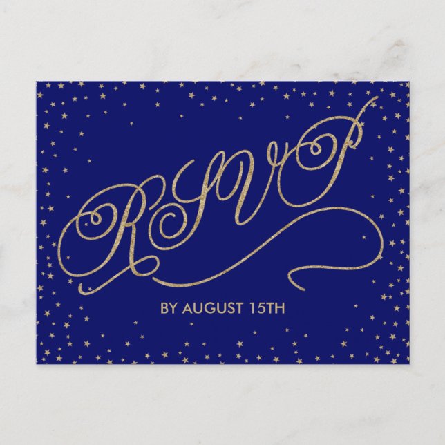 Chic Navy Blue and Guld Stars OSA Postcard Inbjudan Vykort (Framsida)