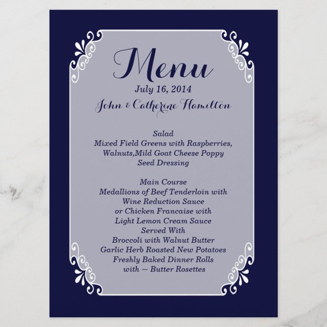 Chic Navy Blue and White Personligt bröllp Menu Meny (Framsida)