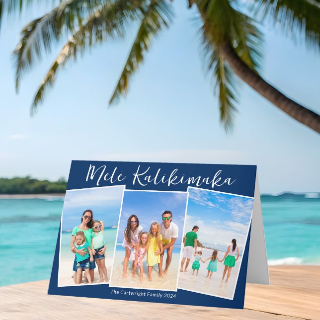 Chic Navy Blue Beach Photo Collage Christmas Helgkort (Skapare uppladdad)