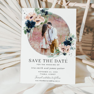 Chic Navy Blue Blommigt Silver Greenery Photo Spara Datumet