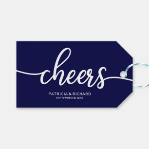 Chic Navy Blue Calligraphy Cheers Vin Flaska Märkr Presentetikett