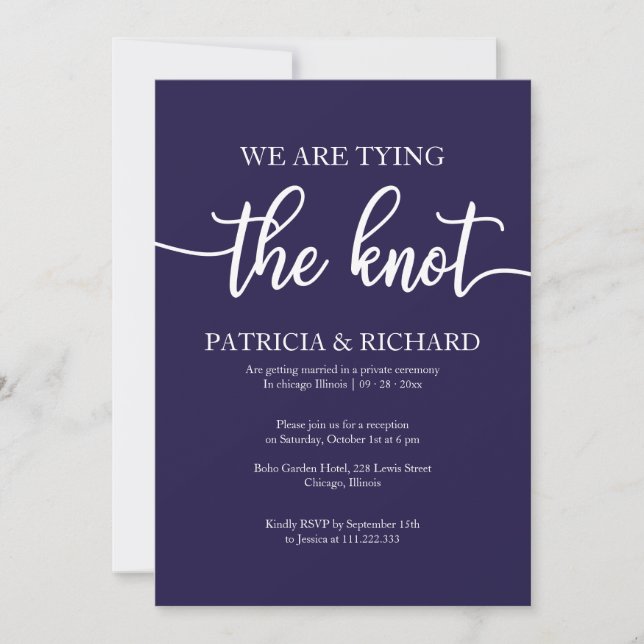 Chic Navy Blue Calligraphy Elopement Bröllop Inbjudningar (Framsida)