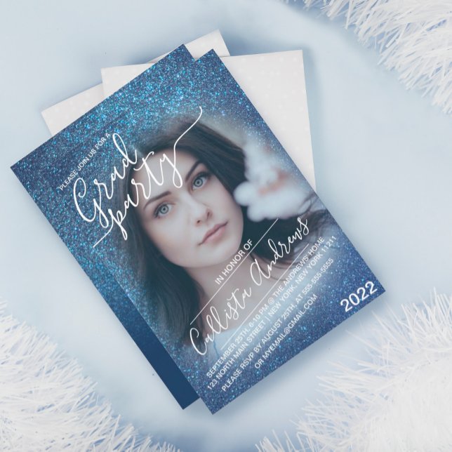 Chic Navy Blue Glitter Ombre Photo Studenten Inbjudningar (Skapare uppladdad)
