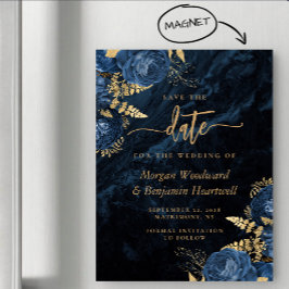 Chic Navy Blue Gold Floral Wedding Save the Date Magnetisk Inbjudningskort