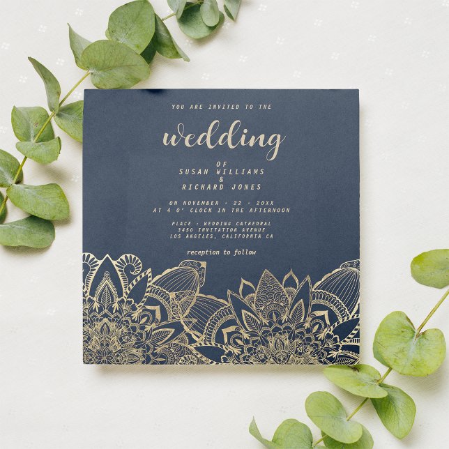 Chic Navy Blue guld, blommigt mandala bröllop Inbjudningar (Chic Navy blue gold script floral mandala wedding)