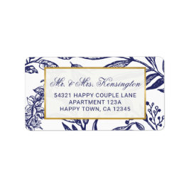 Chic Navy Blue Guld Botanical Bröllop Adress Adressetikett