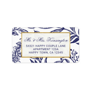 Chic Navy Blue Guld Botanical Bröllop Adress Adressetikett