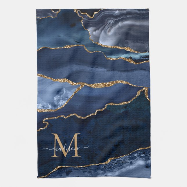 Chic Navy Blue Guld Glitter Geode Marble Monogram Kökshandduk (Vertikal)