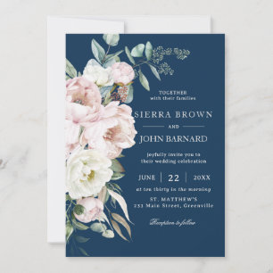 Chic Navy Blue Ivory Peonies Blommigt Bröllop Inbjudningar