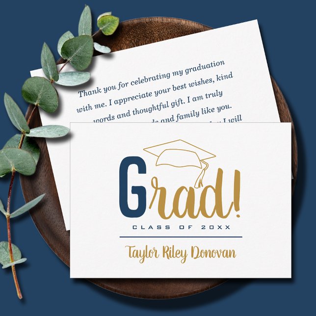 Chic Navy Blue och Guld Grad Cap Studenten Anteckningskort (3.5" x 5" navy blue and gold Grad and graduation cap flat note cards, your message on the back)