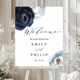 Chic Navy Blue Peony Blommigt Bröllop Välkommen Poster