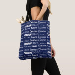 Chic Navy Blue Personalized Name Collage Tygkasse<br><div class="desc">Modern navy blue name collage allover tote bag decorated in nine different fonts customized with your name. Chic custom gift with cool typography in cursive text.</div>