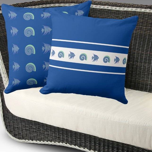 Chic Navy Blue Rand Snäcka Fish Beach House Kudde (Skapare uppladdad)