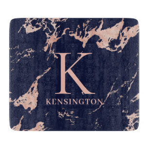 Chic Navy Blue Ro Gold Foil Marble Monogram