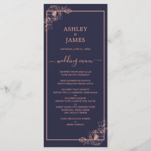 Chic Navy Blue Ro Guld Blommigt kontur Bröllop Meny