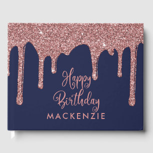 Chic Navy Blue Ro Guld Glitter Drives Birthday Gästböcker