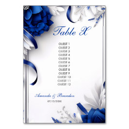 Chic Navy Blue & Silver Flowers Rosett band Bröllo Bordsnummer