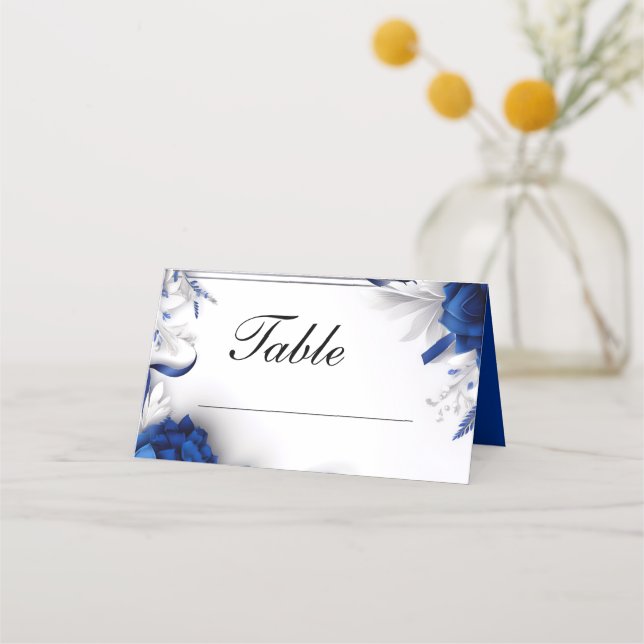 Chic Navy Blue & Silver Flowers Rosett band Bröllo Placeringskort (Framsida)