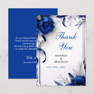 Chic Navy Blue & Silver Flowers Rosett band Bröllo Tack Kort
