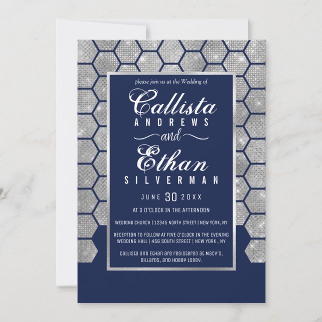 Chic Navy Blue Silver Glitter Hexagon Geo Bröllop Inbjudningar (Framsida)