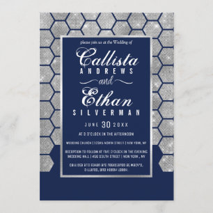 Chic Navy Blue Silver Glitter Hexagon Geo Bröllop Inbjudningar